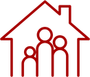 The outline of 3 abstract people inside a house.